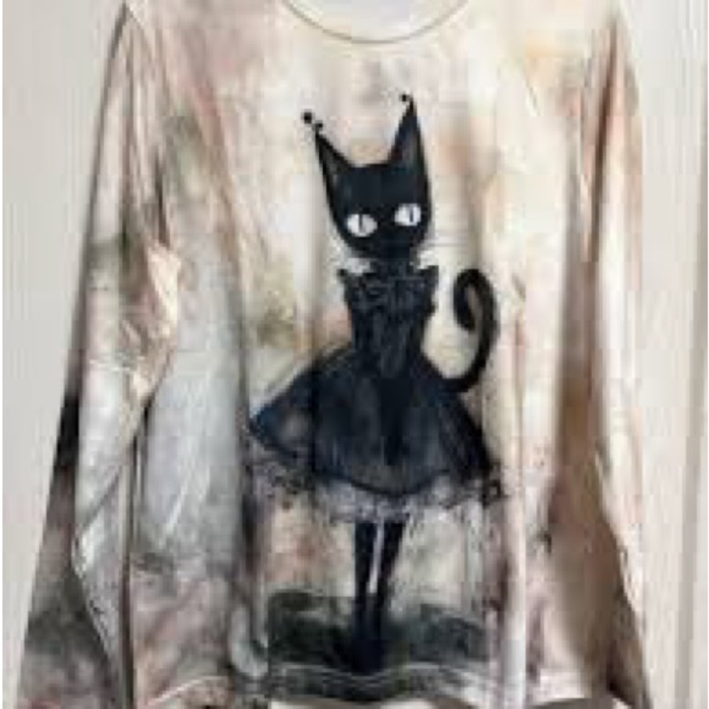 Goth Black Cat Graphic Long Sleeve Tshirt - Picture 2 of 6